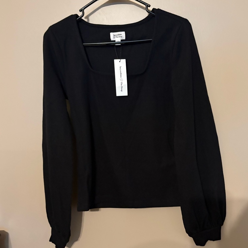 NWT The Drop lucyswhims Square Neck Balloon Sleeve Rib Sweater Top in Black sz S